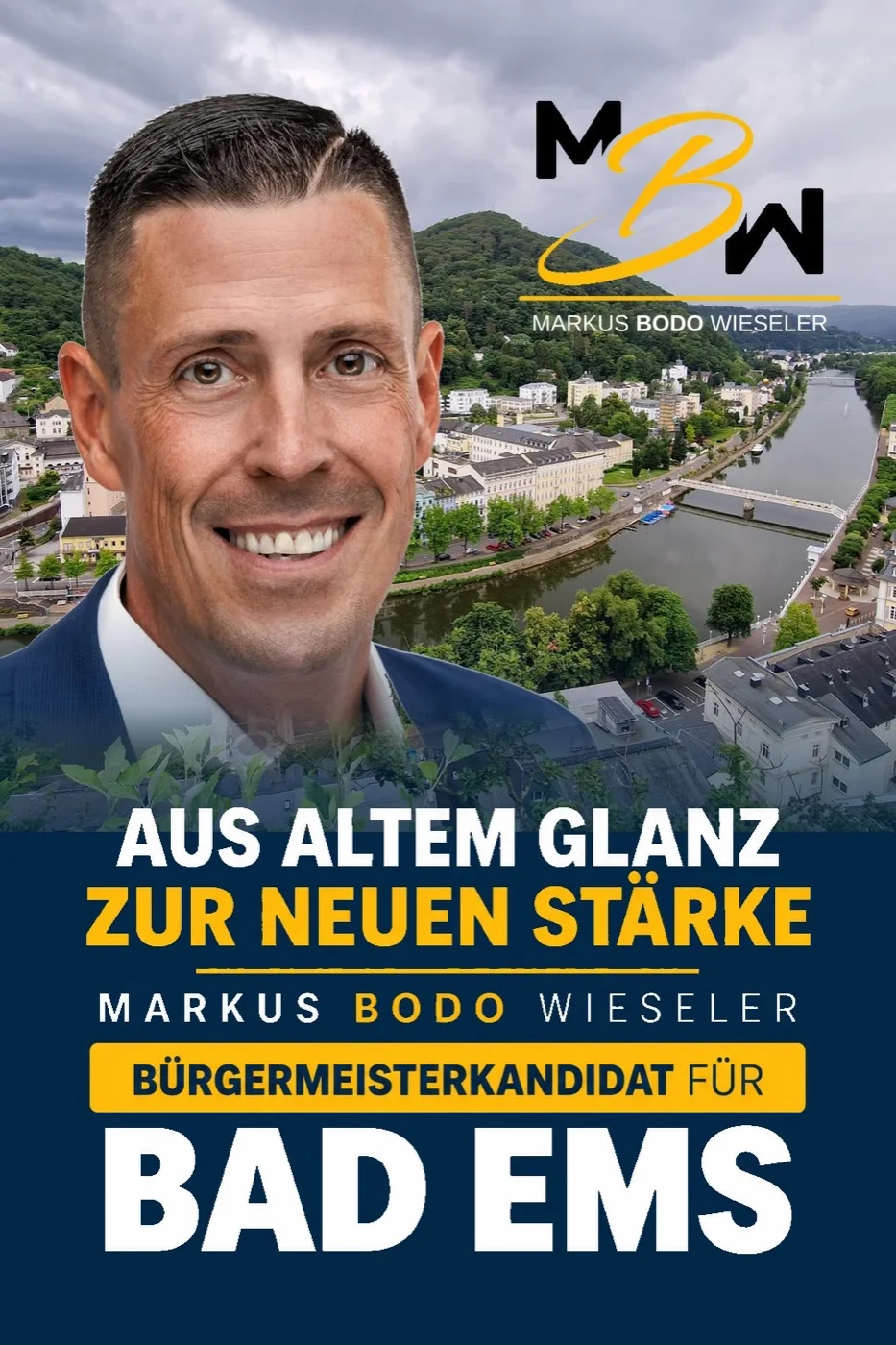 Wahlplakat: Aus altem Glanz zur neuen Stärke, Markus Bodo Wieseler, Bürgermeisterkandidat für Bad Ems